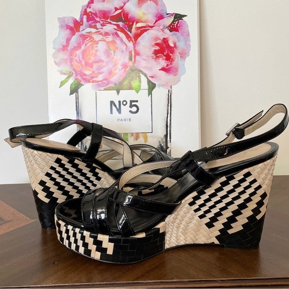 Cole Haan Air Genevieve Platform Wedge Raffia Woven Patent Leather Size 11